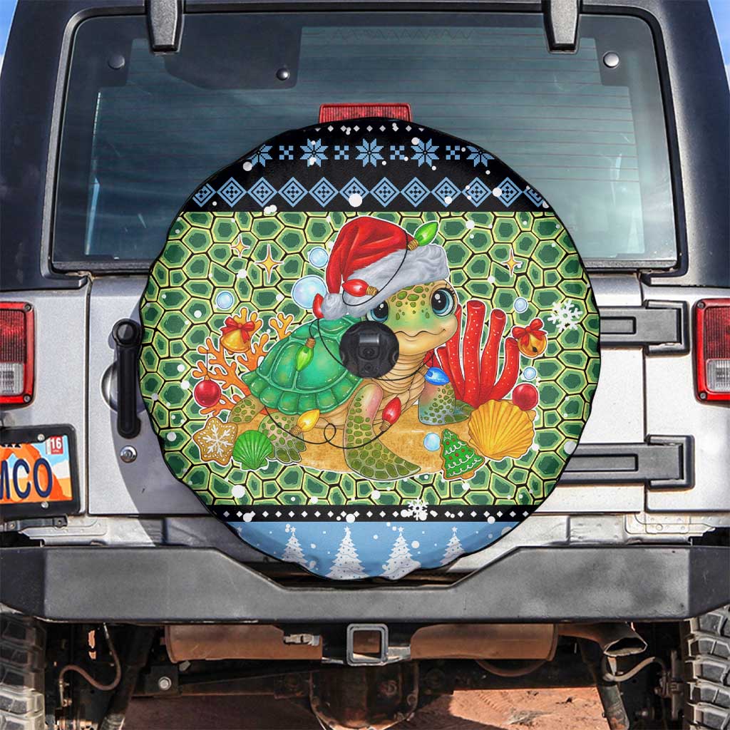 Micronesia Christmas Spare Tire Cover with Santa Turtle Coral Reef and Holiday Ocean Pattern TS04 Black Green - Polynesian Pride