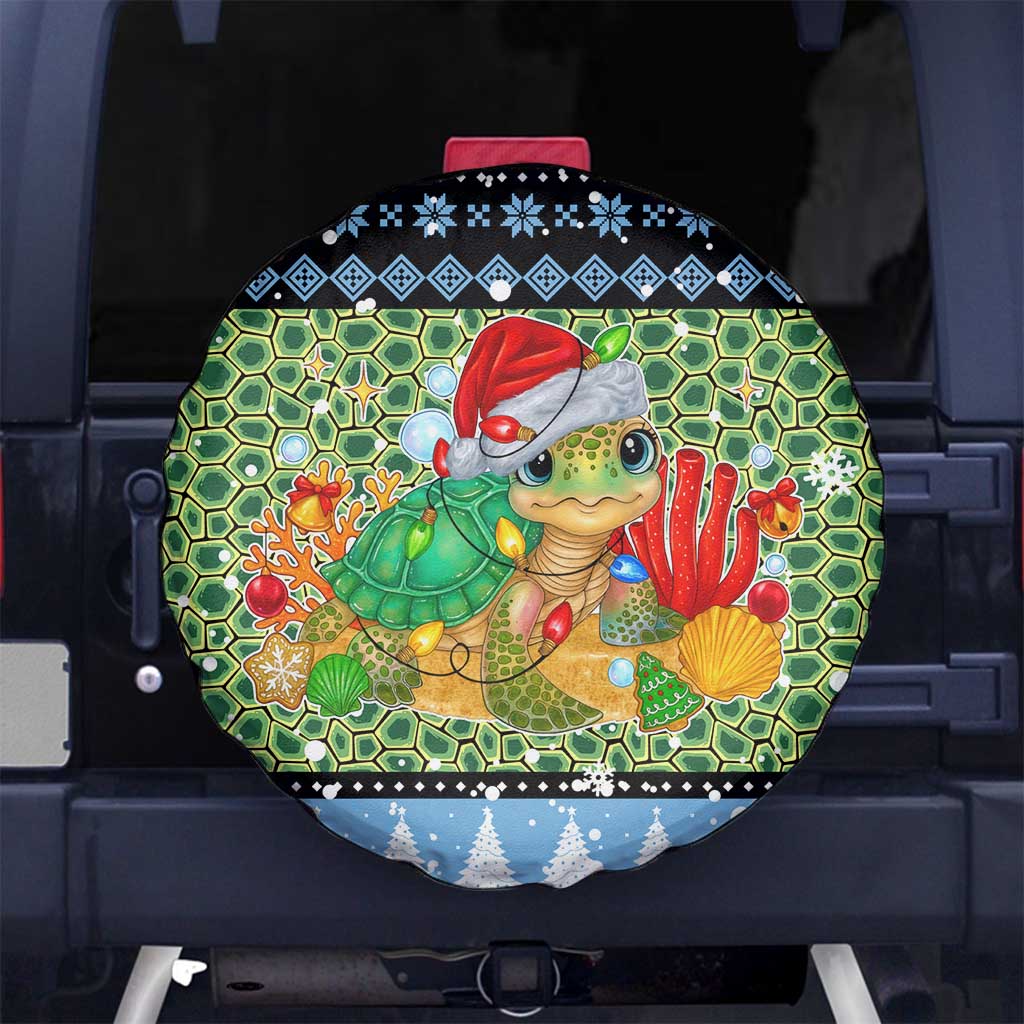 Micronesia Christmas Spare Tire Cover with Santa Turtle Coral Reef and Holiday Ocean Pattern TS04 No hole Black Green - Polynesian Pride