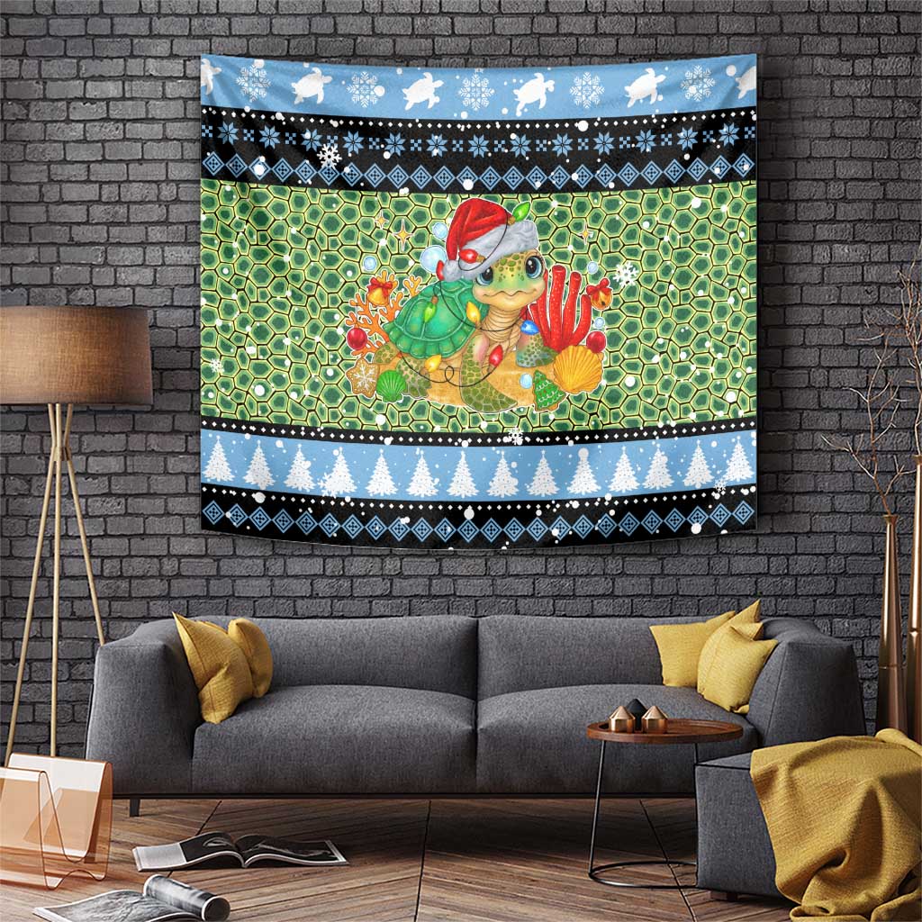 Micronesia Christmas Tapestry with Santa Turtle Coral Reef and Holiday Ocean Pattern TS04 Black Green - Polynesian Pride