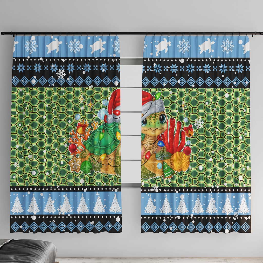 Micronesia Christmas Window Curtain with Santa Turtle Coral Reef and Holiday Ocean Pattern TS04 With Hooks Black Green - Polynesian Pride