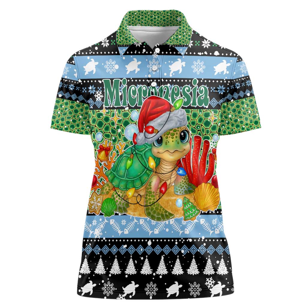 Micronesia Christmas Women Polo Shirt with Santa Turtle Coral Reef and Holiday Ocean Pattern - Polynesian Pride