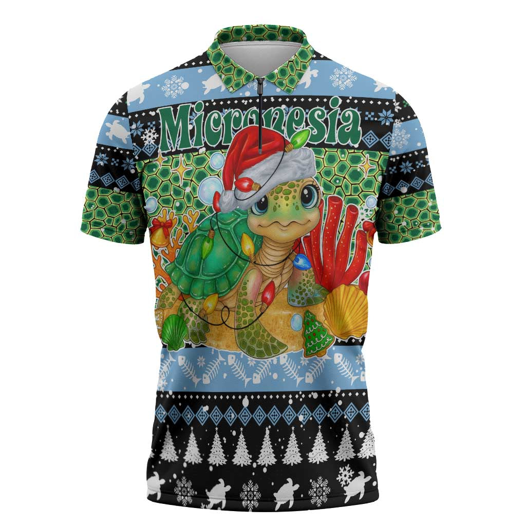 Micronesia Christmas Zipper Polo Shirt with Santa Turtle Coral Reef and Holiday Ocean Pattern TS04 Black Green - Polynesian Pride