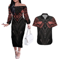 Feminine Polynesian Couples Matching Off The Shoulder Long Sleeve Dress and Hawaiian Shirt Mandala Tattoo Style TS04 Black - Polynesian Pride