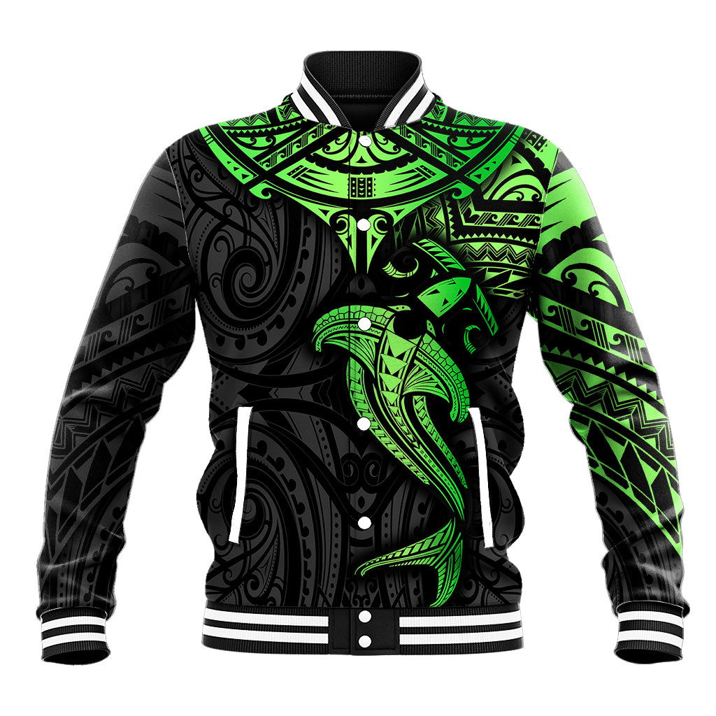 Polynesian Baseball Jacket Hammerhead Shark Tribal Pattern Black Green Version TS04 Unisex Black Green - Polynesian Pride