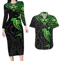 Polynesian Couples Matching Long Sleeve Bodycon Dress and Hawaiian Shirt Hammerhead Shark Tribal Pattern Black Green Version TS04 Black/Green - Polynesian Pride