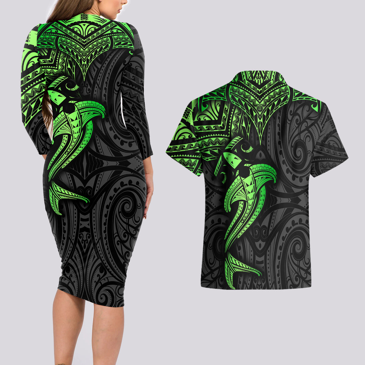Polynesian Couples Matching Long Sleeve Bodycon Dress and Hawaiian Shirt Hammerhead Shark Tribal Pattern Black Green Version TS04 - Polynesian Pride