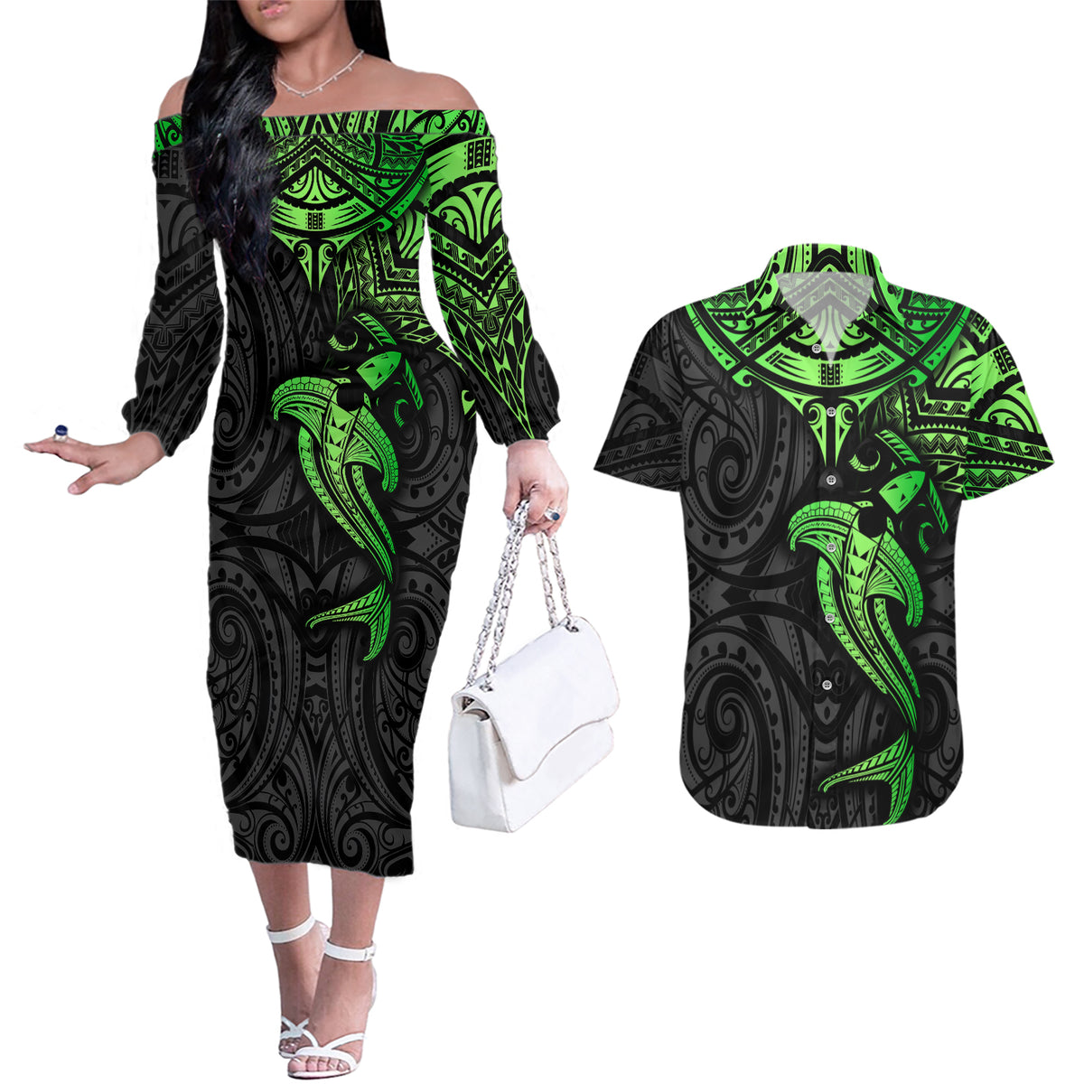 Polynesian Couples Matching Off The Shoulder Long Sleeve Dress and Hawaiian Shirt Hammerhead Shark Tribal Pattern Black Green Version TS04 Black/Green - Polynesian Pride