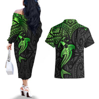 Polynesian Couples Matching Off The Shoulder Long Sleeve Dress and Hawaiian Shirt Hammerhead Shark Tribal Pattern Black Green Version TS04 - Polynesian Pride