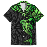 Polynesian Family Matching Long Sleeve Bodycon Dress and Hawaiian Shirt Hammerhead Shark Tribal Pattern Black Green Version TS04 Dad's Shirt - Short Sleeve Black Green - Polynesian Pride