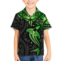 Polynesian Family Matching Long Sleeve Bodycon Dress and Hawaiian Shirt Hammerhead Shark Tribal Pattern Black Green Version TS04 Son's Shirt Black Green - Polynesian Pride
