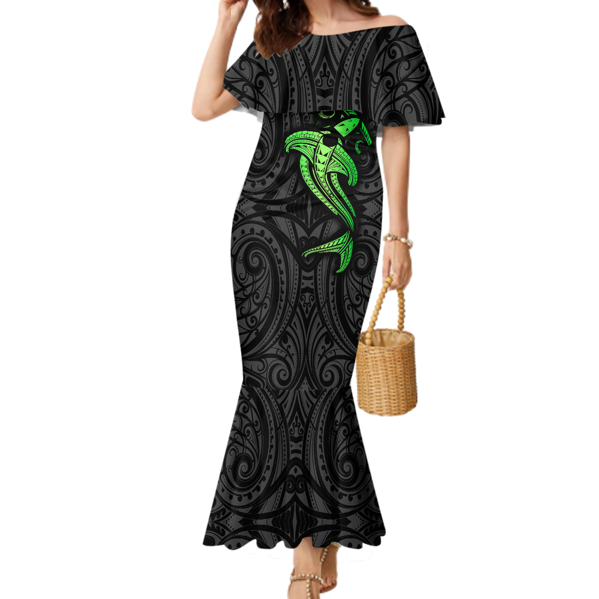 Polynesian Family Matching Mermaid Dress and Hawaiian Shirt Hammerhead Shark Tribal Pattern Black Green Version TS04 Mom's Dress Black Green - Polynesian Pride