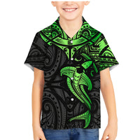 Polynesian Family Matching Mermaid Dress and Hawaiian Shirt Hammerhead Shark Tribal Pattern Black Green Version TS04 Son's Shirt Black Green - Polynesian Pride