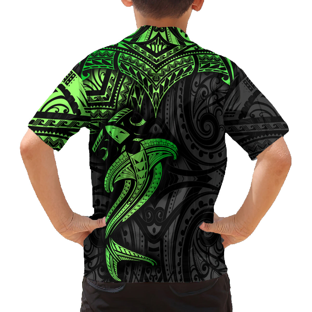 Polynesian Family Matching Puletasi Dress and Hawaiian Shirt Hammerhead Shark Tribal Pattern Black Green Version TS04 - Polynesian Pride
