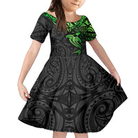 Polynesian Family Matching Short Sleeve Bodycon Dress and Hawaiian Shirt Hammerhead Shark Tribal Pattern Black Green Version TS04 Daughter's Dress Black Green - Polynesian Pride