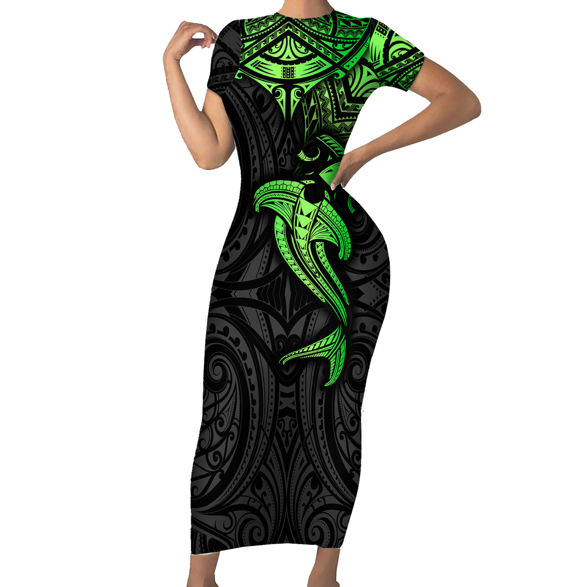 Polynesian Family Matching Short Sleeve Bodycon Dress and Hawaiian Shirt Hammerhead Shark Tribal Pattern Black Green Version TS04 Mom's Dress Black Green - Polynesian Pride