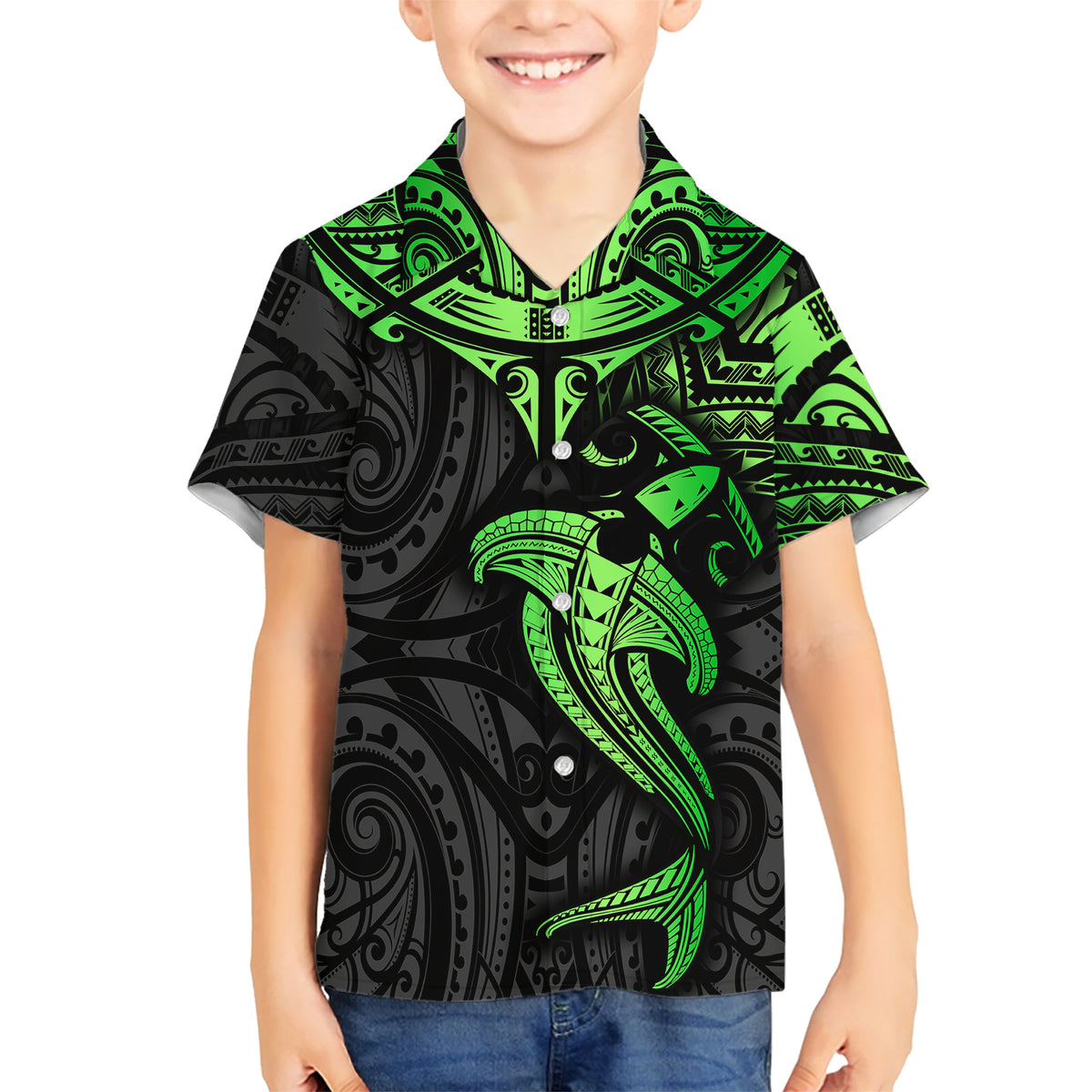 Polynesian Family Matching Short Sleeve Bodycon Dress and Hawaiian Shirt Hammerhead Shark Tribal Pattern Black Green Version TS04 Son's Shirt Black Green - Polynesian Pride
