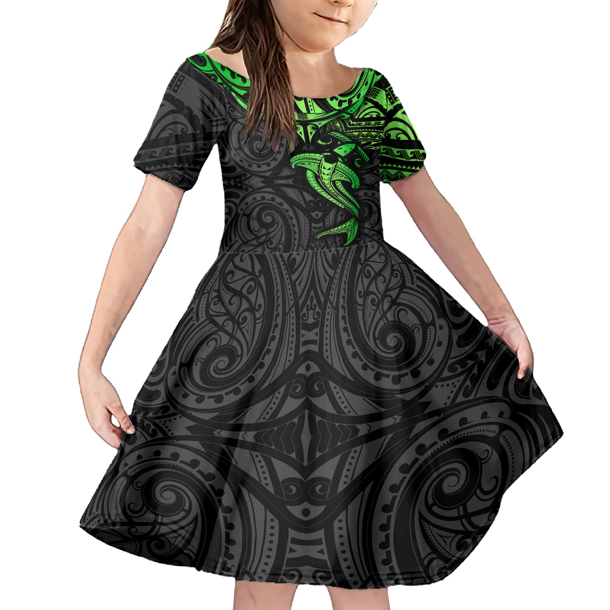 Polynesian Family Matching Tank Maxi Dress and Hawaiian Shirt Hammerhead Shark Tribal Pattern Black Green Version TS04 Daughter's Dress Black Green - Polynesian Pride