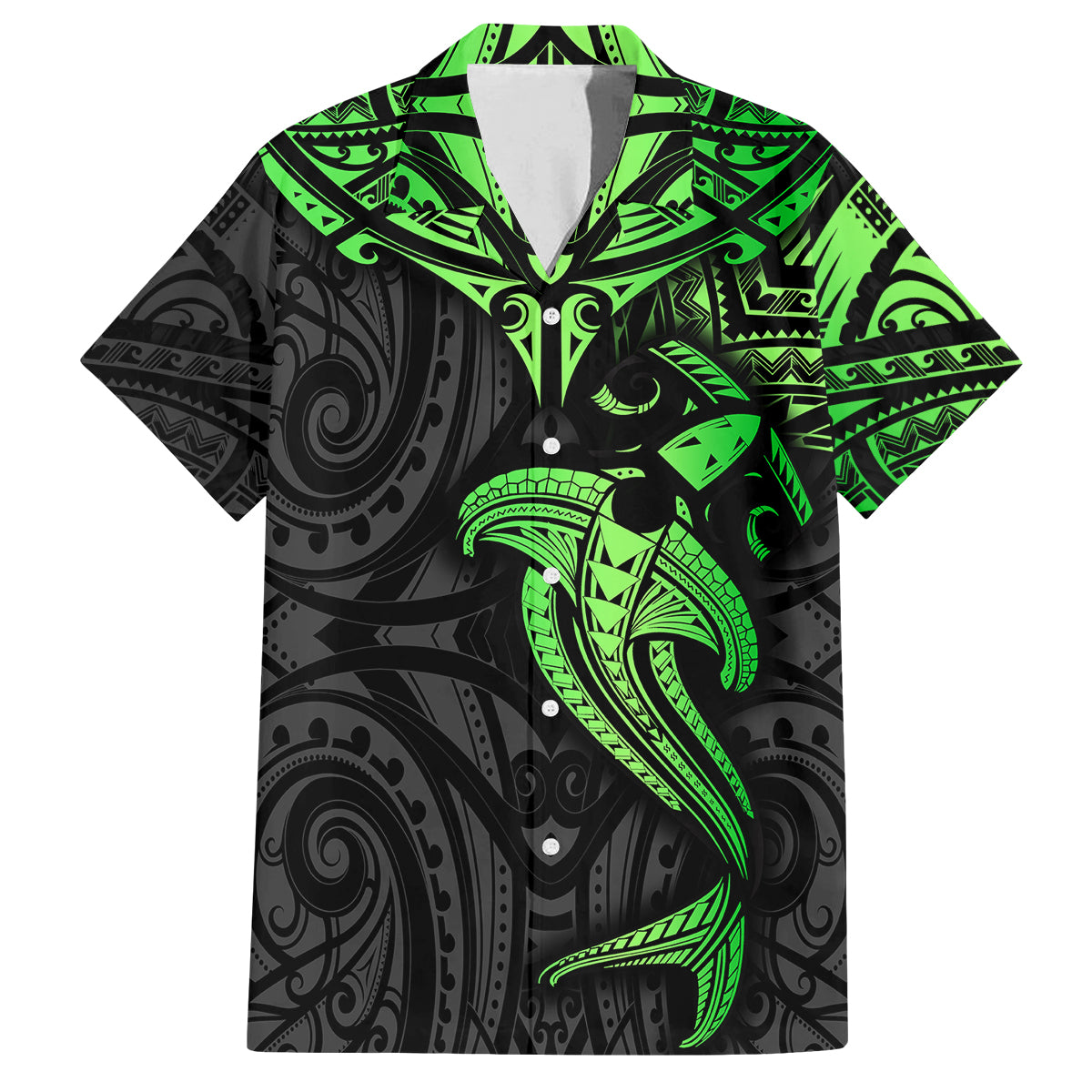 Polynesian Family Matching Tank Maxi Dress and Hawaiian Shirt Hammerhead Shark Tribal Pattern Black Green Version TS04 Dad's Shirt - Short Sleeve Black Green - Polynesian Pride