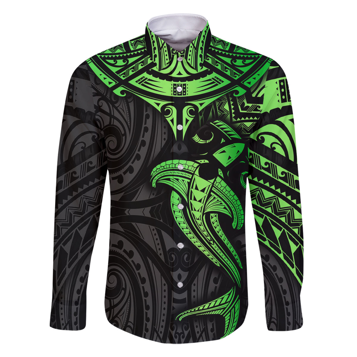 Polynesian Family Matching Tank Maxi Dress and Hawaiian Shirt Hammerhead Shark Tribal Pattern Black Green Version TS04 Dad's Shirt - Long Sleeve Black Green - Polynesian Pride