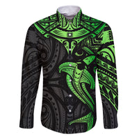 Polynesian Family Matching Tank Maxi Dress and Hawaiian Shirt Hammerhead Shark Tribal Pattern Black Green Version TS04 Dad's Shirt - Long Sleeve Black Green - Polynesian Pride