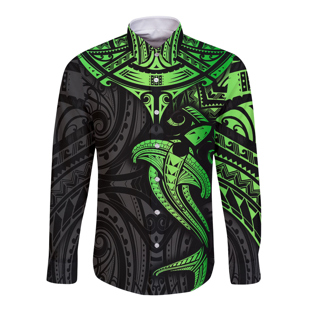 Polynesian Long Sleeve Button Shirt Hammerhead Shark Tribal Pattern Black Green Version TS04 Unisex Black/Green - Polynesian Pride