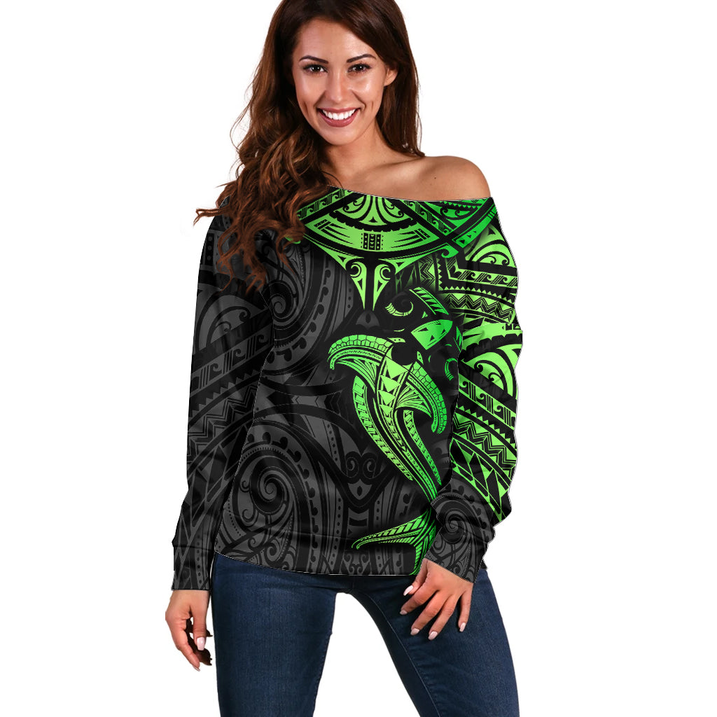 Polynesian Off Shoulder Sweater Hammerhead Shark Tribal Pattern Black Green Version TS04 Women Black/Green - Polynesian Pride