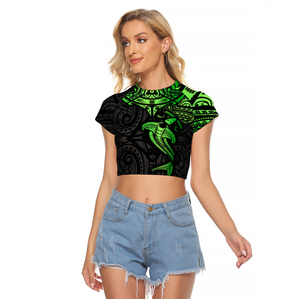 Polynesian Raglan Cropped T Shirt Hammerhead Shark Tribal Pattern Black Green Version TS04 Female Black/Green - Polynesian Pride