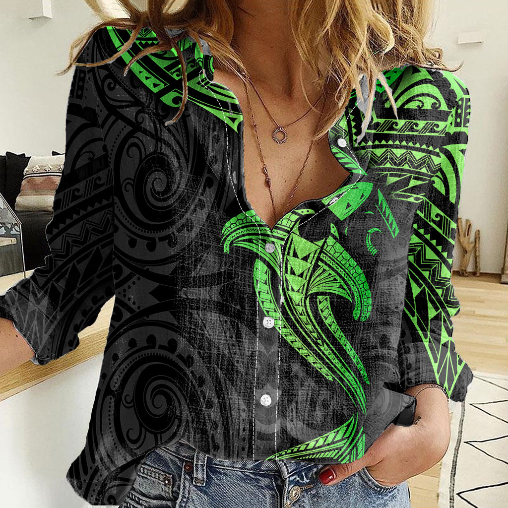 Polynesian Women Casual Shirt Hammerhead Shark Tribal Pattern Black Green Version TS04 Female Black Green - Polynesian Pride