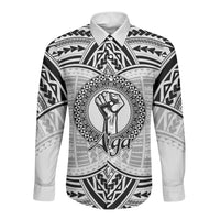 Aiga Samoa Raised Fist Long Sleeve Button Shirt Polynesian Tribal Tattoo Art Family Pride TS04 Unisex White Black - Polynesian Pride