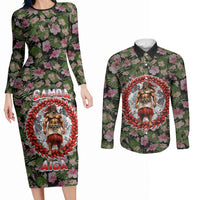 Samoa Aiga Polynesian Couples Matching Long Sleeve Bodycon Dress and Long Sleeve Button Shirt Tropical Floral Hibiscus Pattern Island Heritage TS04 Green Red - Polynesian Pride