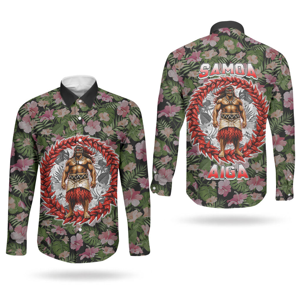 Samoa Aiga Polynesian Couples Matching Long Sleeve Bodycon Dress and Long Sleeve Button Shirt Tropical Floral Hibiscus Pattern Island Heritage TS04 - Polynesian Pride