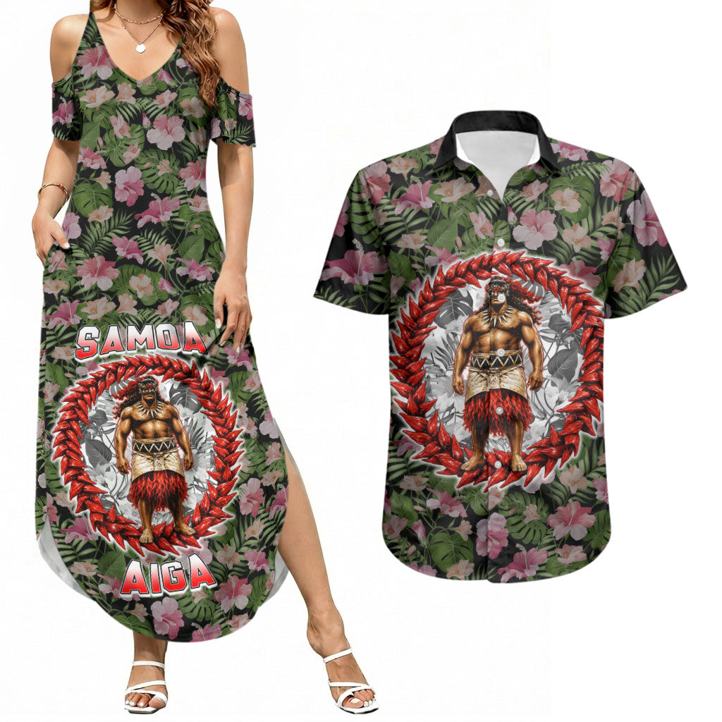 Samoa Aiga Polynesian Couples Matching Summer Maxi Dress and Hawaiian Shirt Tropical Floral Hibiscus Pattern Island Heritage TS04 Green Red - Polynesian Pride
