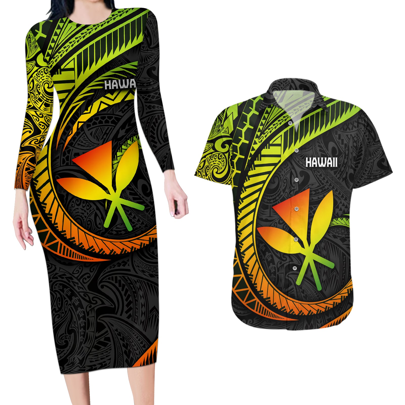 Hawaii Kanaka Maoli Couples Matching Long Sleeve Bodycon Dress and Hawaiian Shirt Polynesian Tornado Infusion Gradient TS04 Gradient - Polynesian Pride