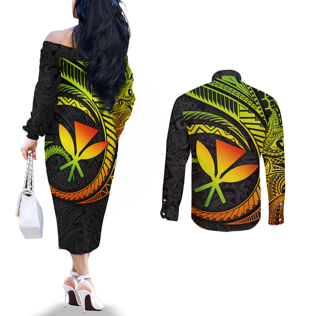 Hawaii Kanaka Maoli Couples Matching Off The Shoulder Long Sleeve Dress and Long Sleeve Button Shirts Polynesian Tornado Infusion Gradient TS04 - Polynesian Pride