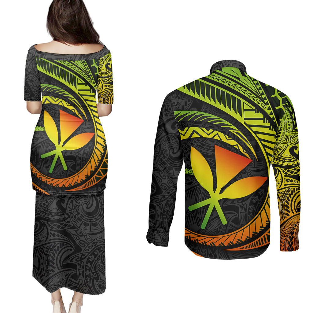 Hawaii Kanaka Maoli Couples Matching Puletasi Dress and Long Sleeve Button Shirts Polynesian Tornado Infusion Gradient TS04 - Polynesian Pride