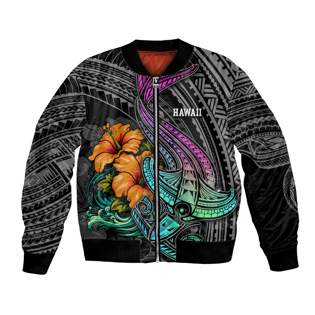 Hawaii Polynesian Bomber Jacket with Tribal Hammerhead Sharks and Hibiscus Black TS04 Unisex Black - Polynesian Pride