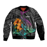 Hawaii Polynesian Bomber Jacket with Tribal Hammerhead Sharks and Hibiscus Black TS04 Unisex Black - Polynesian Pride