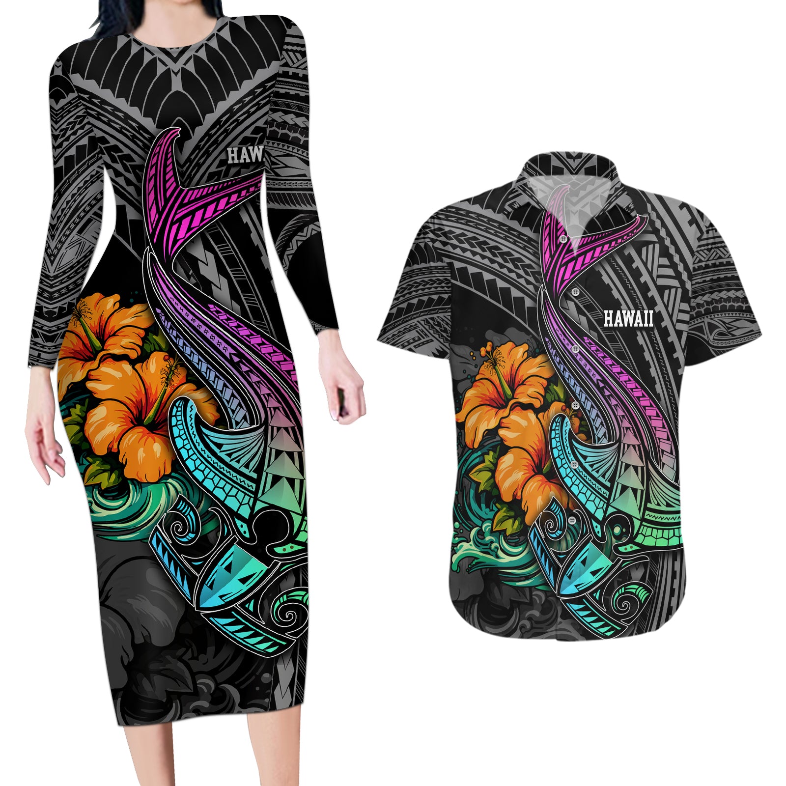 Hawaii Polynesian Couples Matching Long Sleeve Bodycon Dress and Hawaiian Shirt with Tribal Hammerhead Sharks and Hibiscus Black TS04 Black - Polynesian Pride
