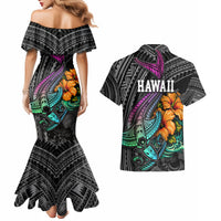 Hawaii Polynesian Couples Matching Mermaid Dress and Hawaiian Shirt with Tribal Hammerhead Sharks and Hibiscus Black TS04 - Polynesian Pride