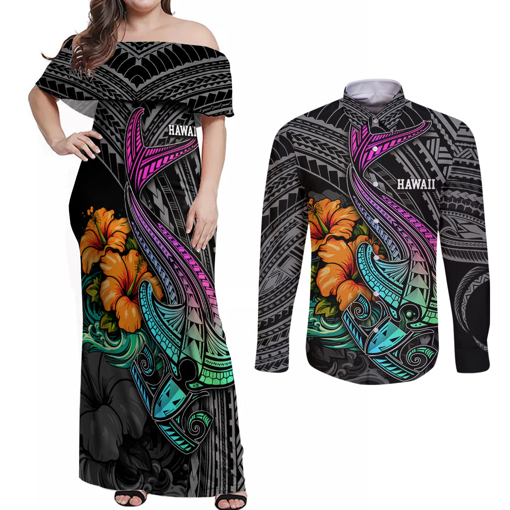 Hawaii Polynesian Couples Matching Off Shoulder Maxi Dress and Long Sleeve Button Shirt with Tribal Hammerhead Sharks and Hibiscus Black TS04 Black - Polynesian Pride