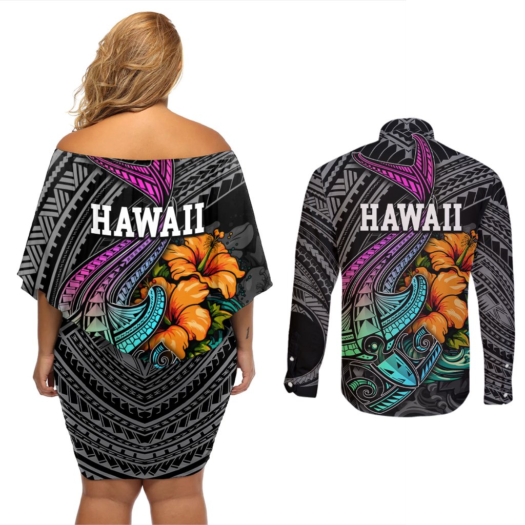 Hawaii Polynesian Couples Matching Off Shoulder Short Dress and Long Sleeve Button Shirt with Tribal Hammerhead Sharks and Hibiscus Black TS04 - Polynesian Pride