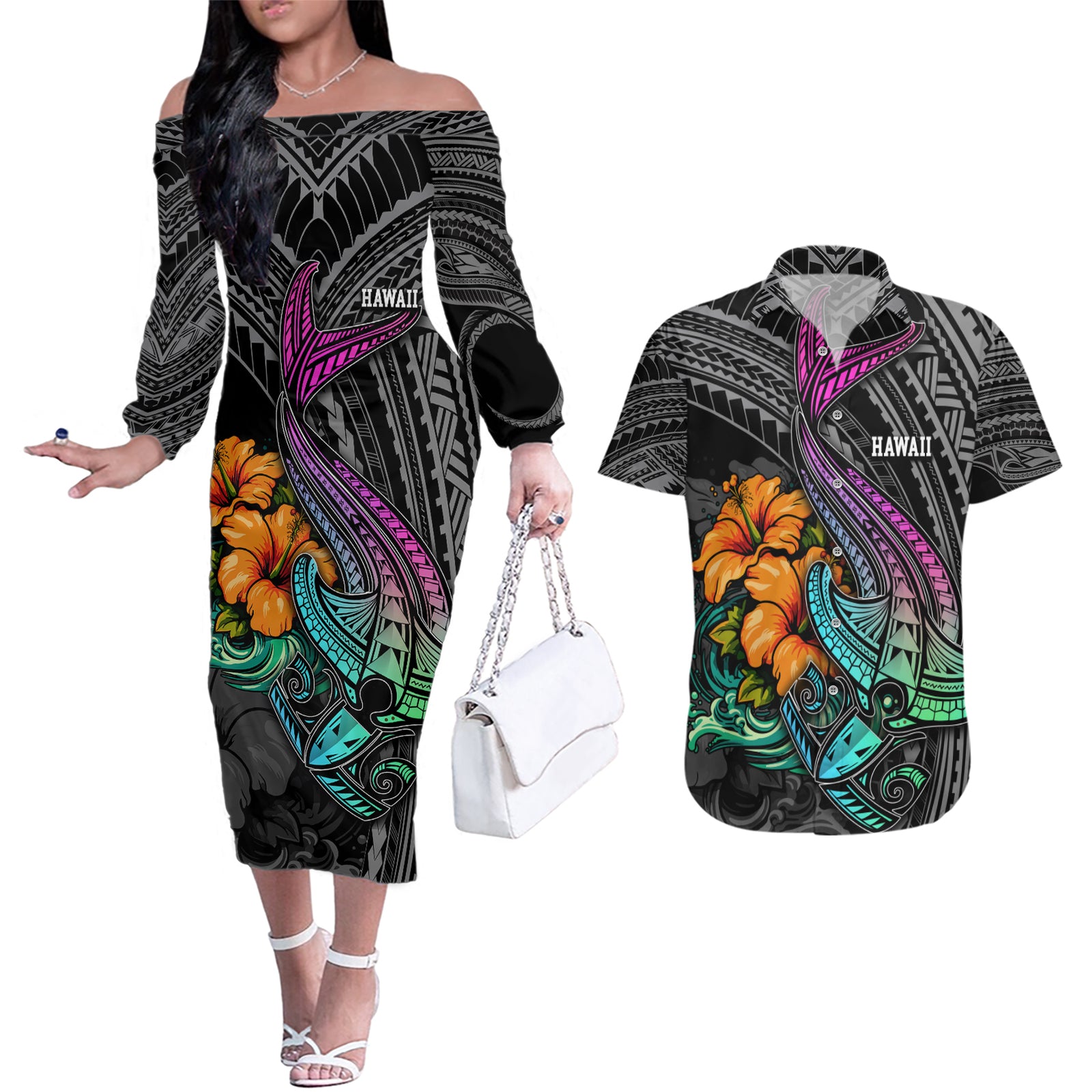 Hawaii Polynesian Couples Matching Off The Shoulder Long Sleeve Dress and Hawaiian Shirt with Tribal Hammerhead Sharks and Hibiscus Black TS04 Black - Polynesian Pride