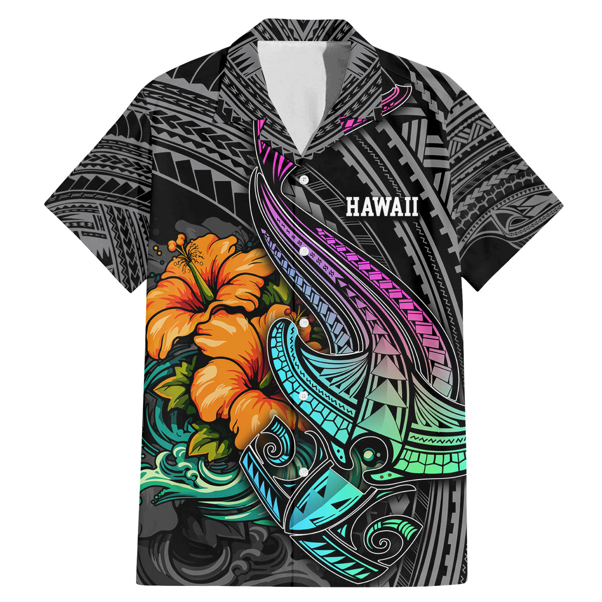 Hawaii Polynesian Family Matching Mermaid Dress and Hawaiian Shirt with Tribal Hammerhead Sharks and Hibiscus Black TS04 Dad's Shirt - Short Sleeve Black - Polynesian Pride