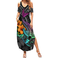 Hawaii Polynesian Family Matching Summer Maxi Dress and Hawaiian Shirt with Tribal Hammerhead Sharks and Hibiscus Black TS04 Mom's Dress Black - Polynesian Pride