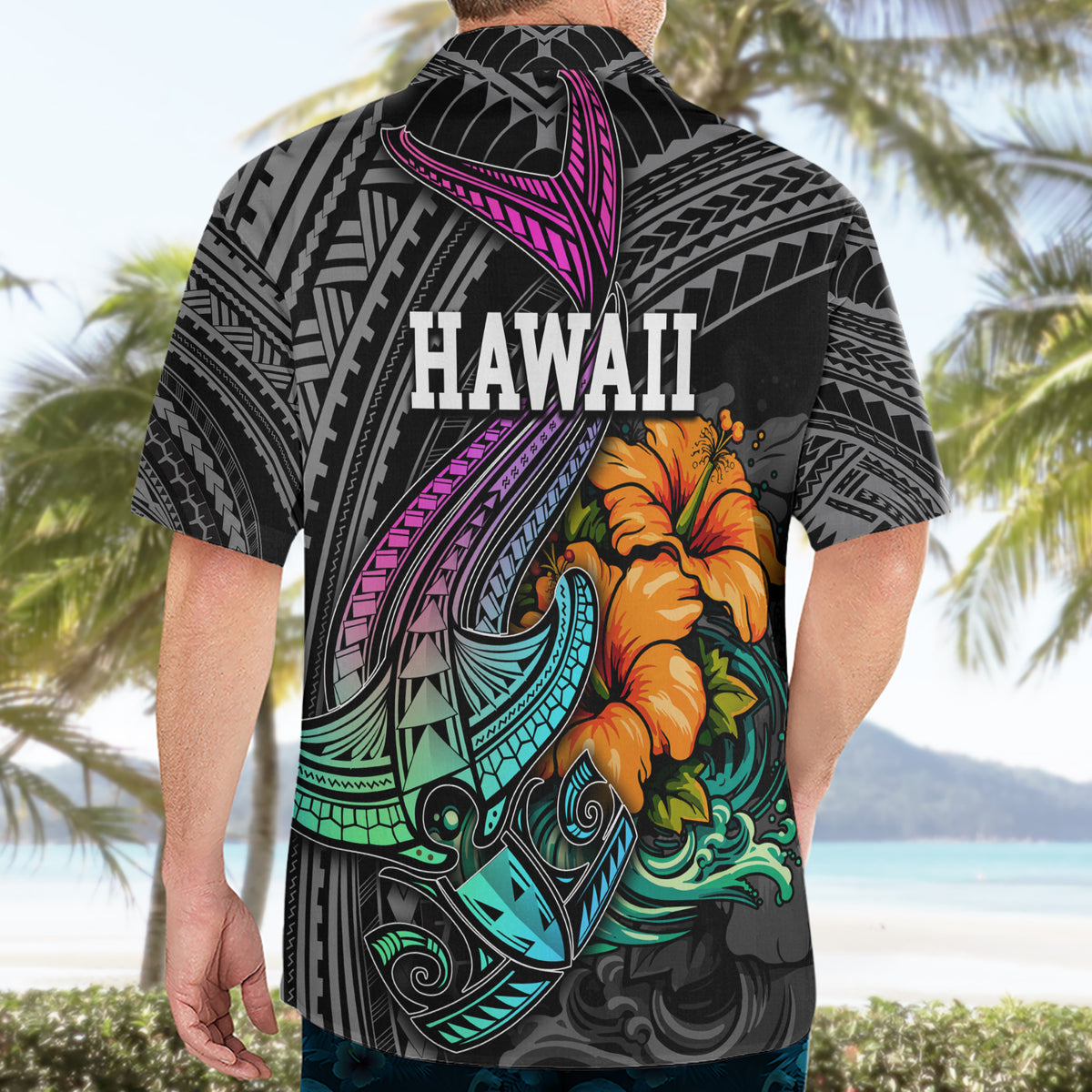 Hawaii Polynesian Hawaiian Shirt with Tribal Hammerhead Sharks and Hibiscus Black TS04 - Polynesian Pride