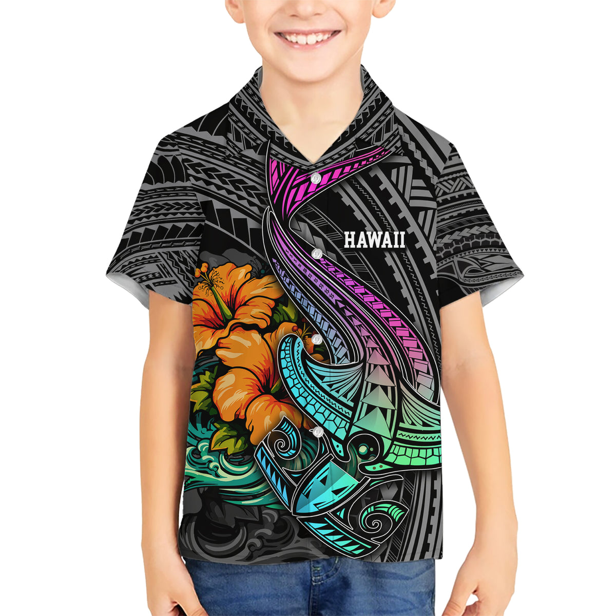 Hawaii Polynesian Kid Hawaiian Shirt with Tribal Hammerhead Sharks and Hibiscus Black TS04 Kid Black - Polynesian Pride