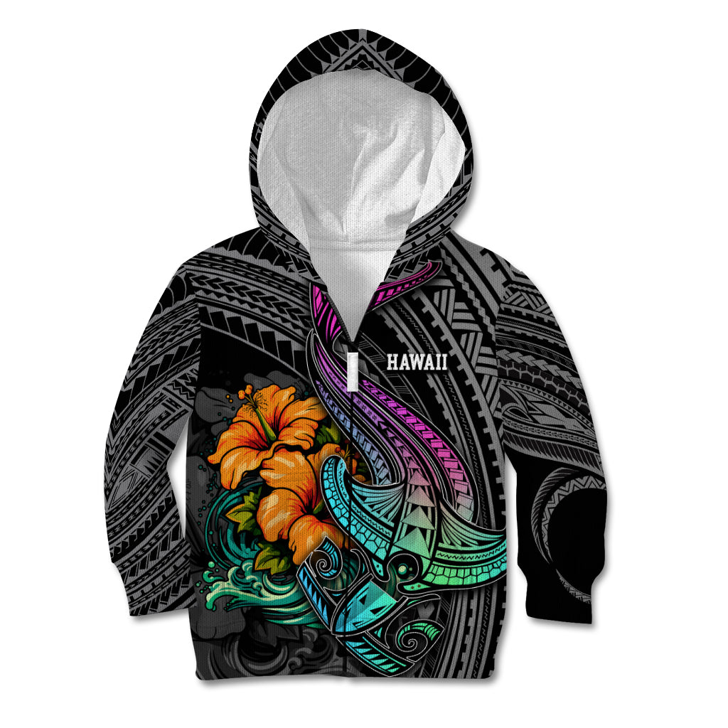 Hawaii Polynesian Kid Hoodie with Tribal Hammerhead Sharks and Hibiscus Black TS04 Zip Hoodie Black - Polynesian Pride