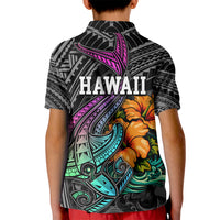 Hawaii Polynesian Kid Polo Shirt with Tribal Hammerhead Sharks and Hibiscus Black TS04 - Polynesian Pride