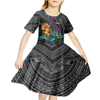 Hawaii Polynesian Kid Short Sleeve Dress with Tribal Hammerhead Sharks and Hibiscus Black TS04 - Polynesian Pride