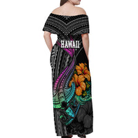 Hawaii Polynesian Off Shoulder Maxi Dress with Tribal Hammerhead Sharks and Hibiscus Black TS04 - Polynesian Pride